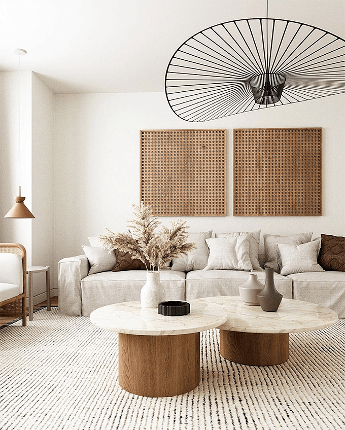 Airy residential room interior showcasing Scandinavian interior design style with a neutral color scheme and minimalist wooden design accents