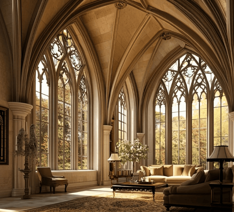 Dramatic moody interior illustrating Gothic interior design style with deep dark colors, heavy textures, and pointed architectural lines