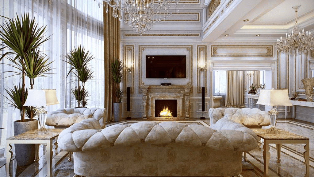 Formal symmetrical room presenting Classical interior design style complete with architectural moldings, elegant proportions, and timeless structural details