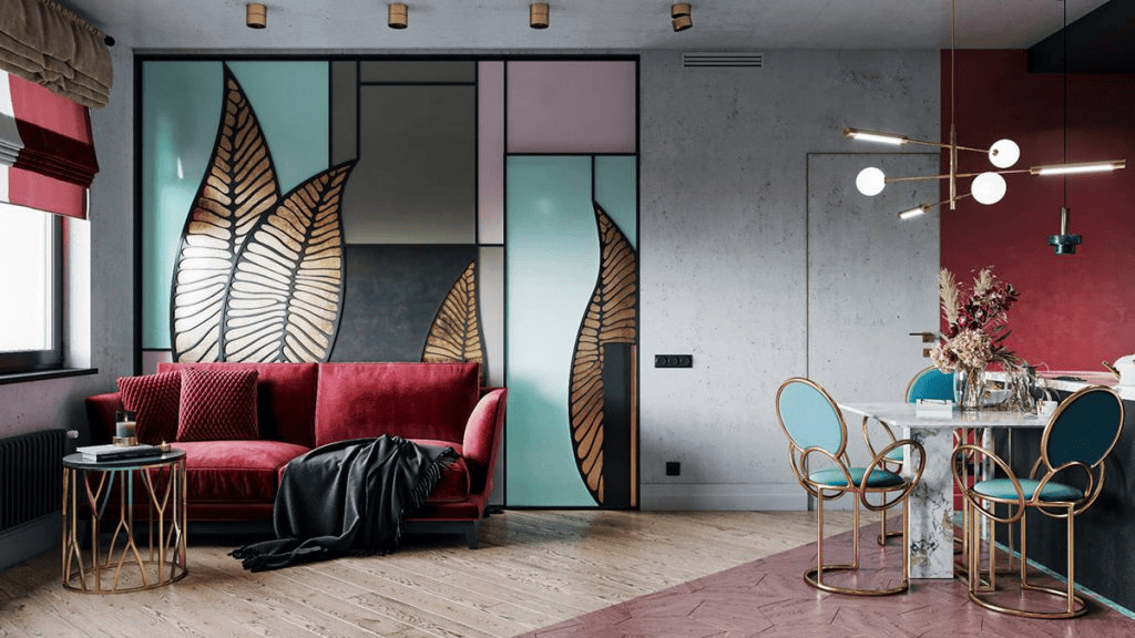 High-contrast room defining Art Deco interior design style with bold geometric motifs, luxurious metallic finishes, and deep jewel tones
