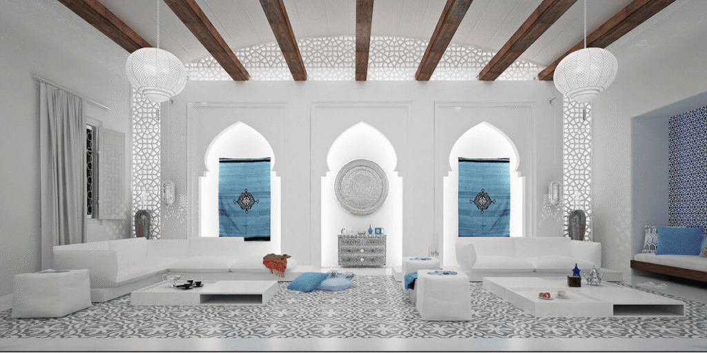 Ornate lounge space capturing Moroccan interior design style rich in geometric pattern details, textured textiles, and warm ambient lighting