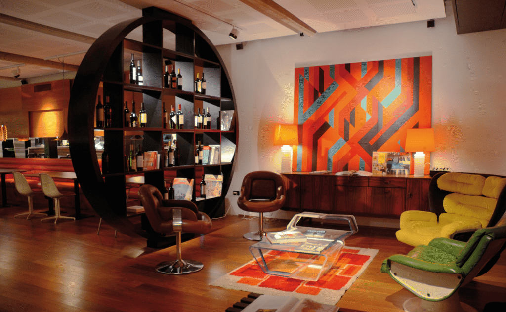 Retro interior design style with vibrant nostalgic colors, geometric shapes, and vintage design sensibilitieshy