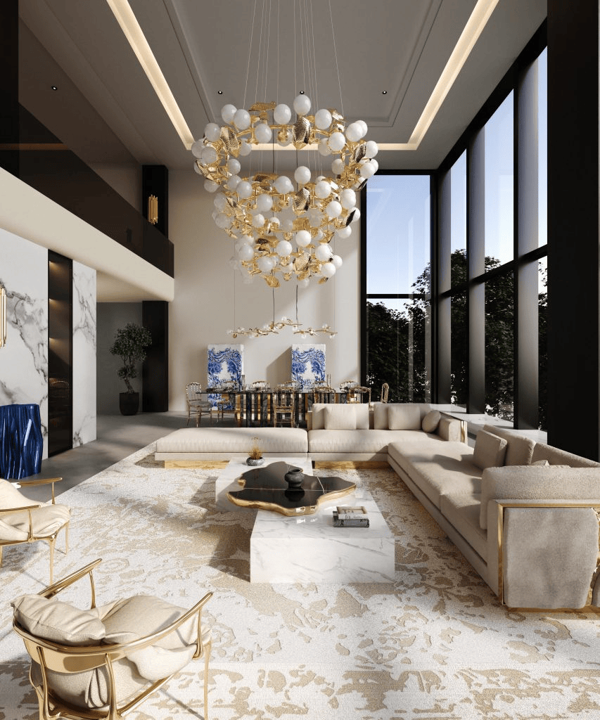 Sophisticated upscale space showcasing modern Italian interior design style featuring high-end minimalist architecture and premium polished finishes