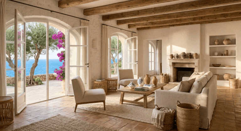 Sun-drenched room featuring Mediterranean interior design style with organic textures, rustic plaster finishes, and warm earthy tones