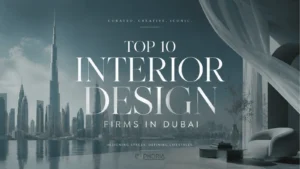 interior design firms in Dubai guide cover showing the Dubai skyline and a luxury living space