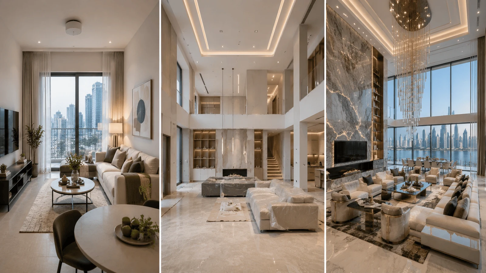 apartment villa and luxury residential interiors in Dubai side by side