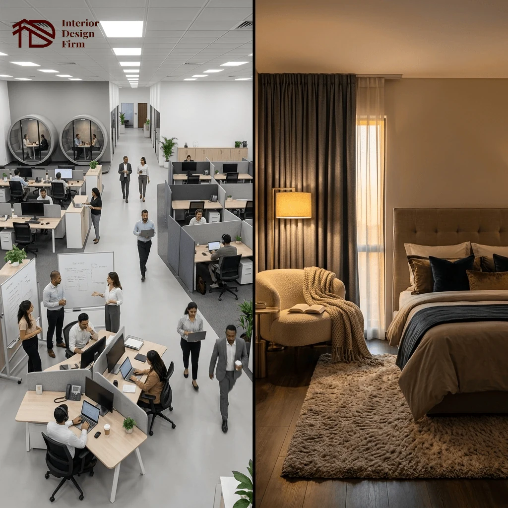 space planning contrast between an open plan Dubai office and a residential bedroom