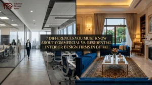 commercial vs residential interior design firms in Dubai shown as an office beside a villa living room