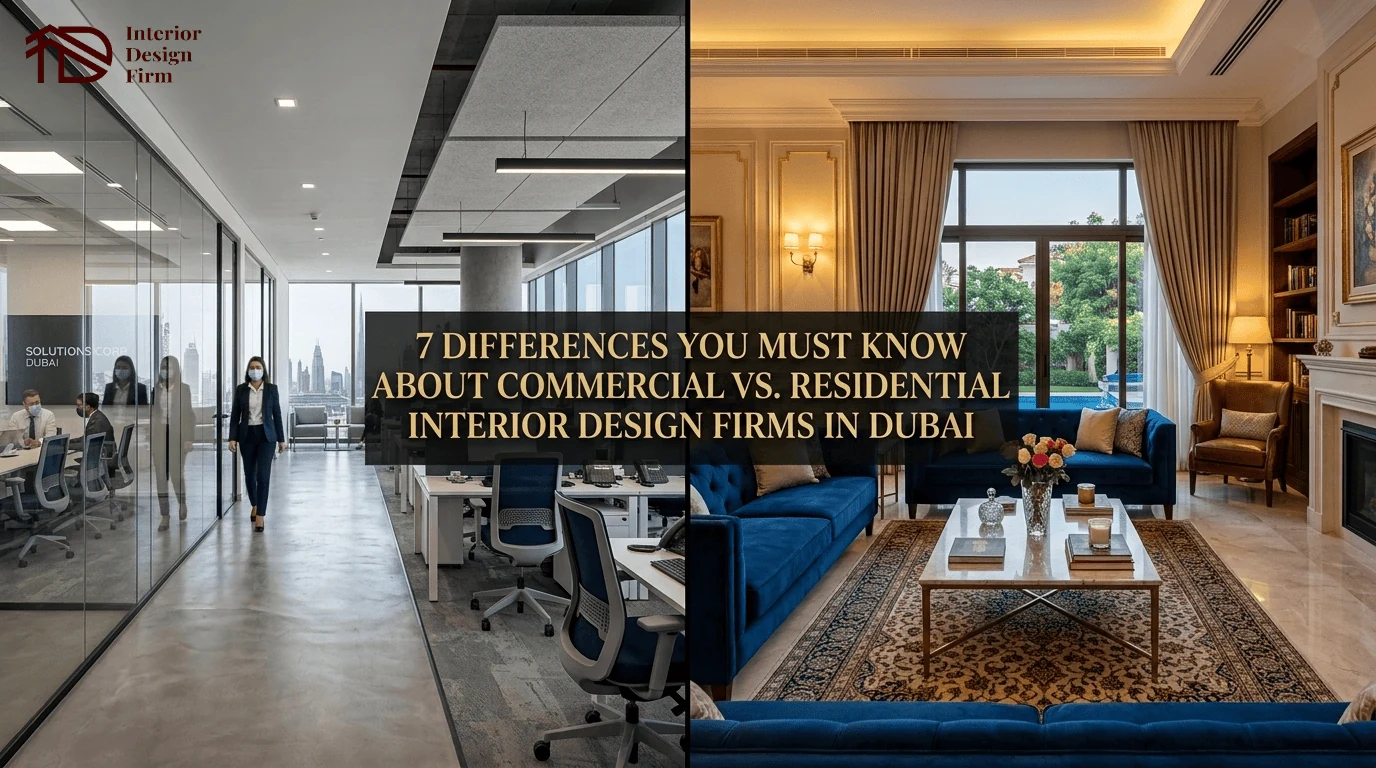 commercial vs residential interior design firms in Dubai shown as an office beside a villa living room