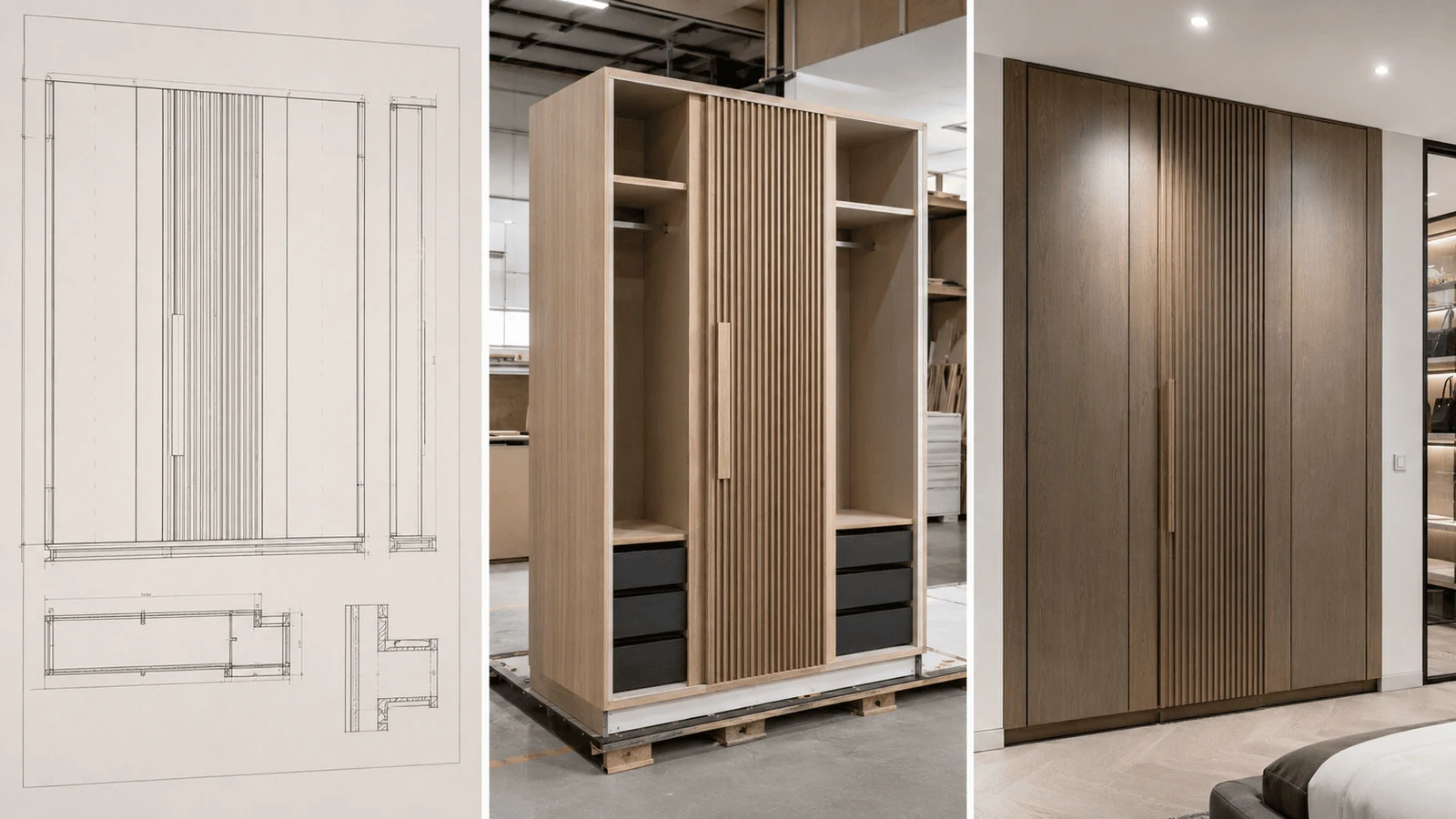 custom joinery moving from shop drawing to workshop build to finished wardrobe
