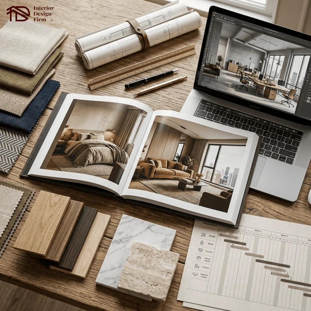 interior design firm portfolio material samples and project programme used to evaluate a studio