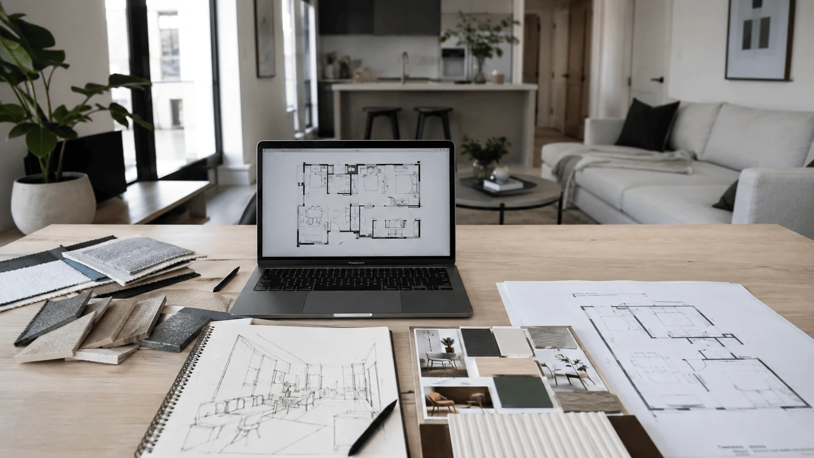 independent interior designer workspace with floor plans and material samples