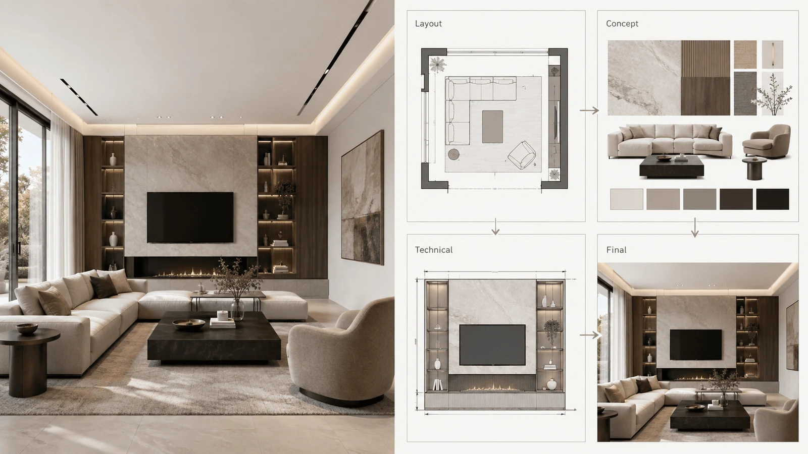 interior design portfolio and process from layout to concept to technical drawing
