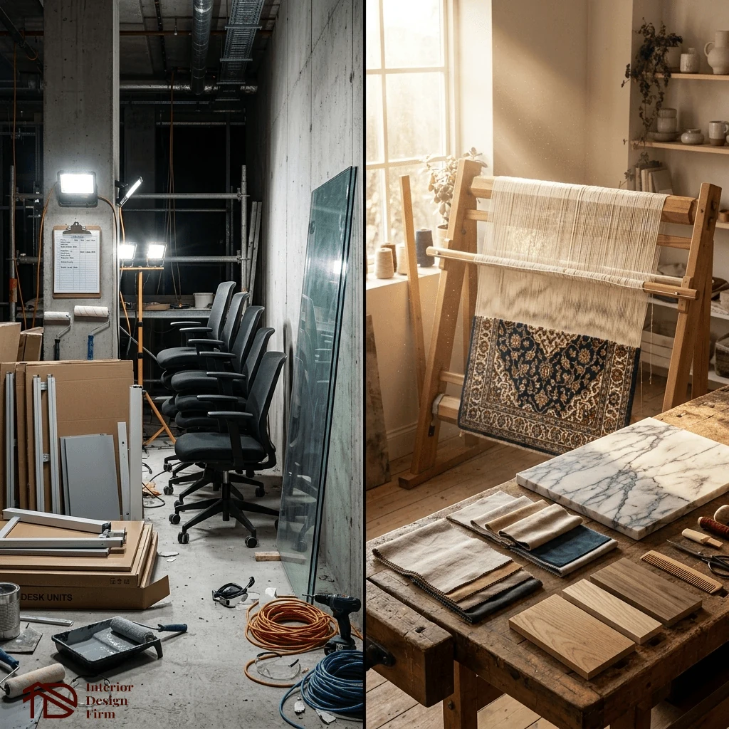 commercial fit out site progress beside bespoke residential sourcing and material samples