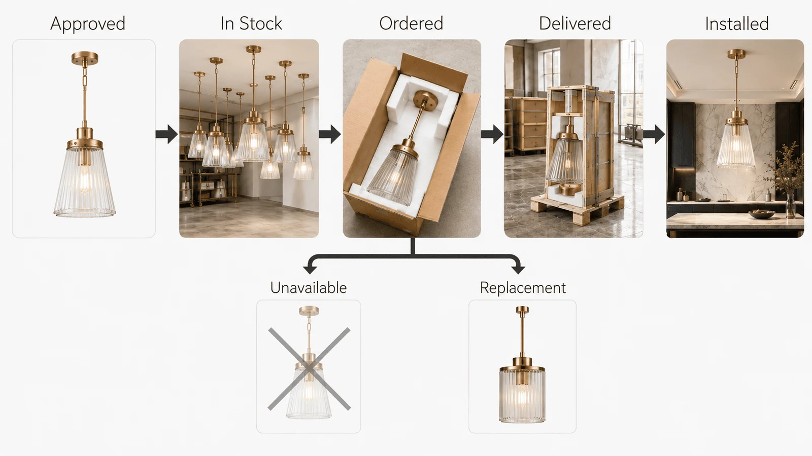 interior sourcing process for a light fitting from approval to installation